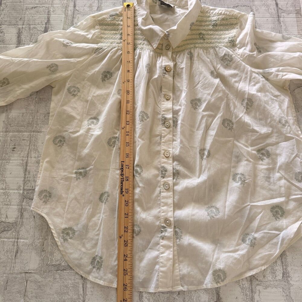 Wrap London Shirring Detail Cotton Shirt Ecru Sage Embroidered Blouse Sz 10 - Picture 6 of 10
